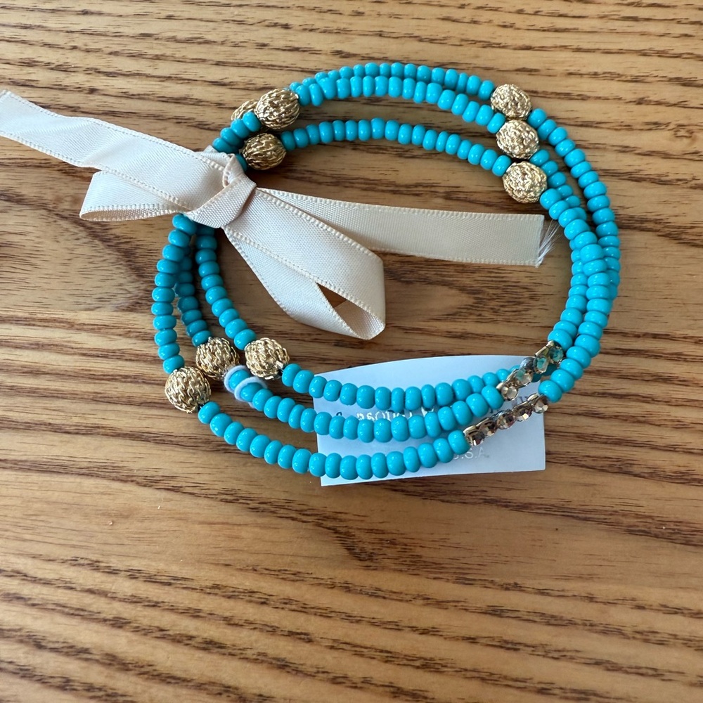 Seasonal Whispers Elegant  Turquoise and Gold Beaded Bracelet set of 3 . 9"